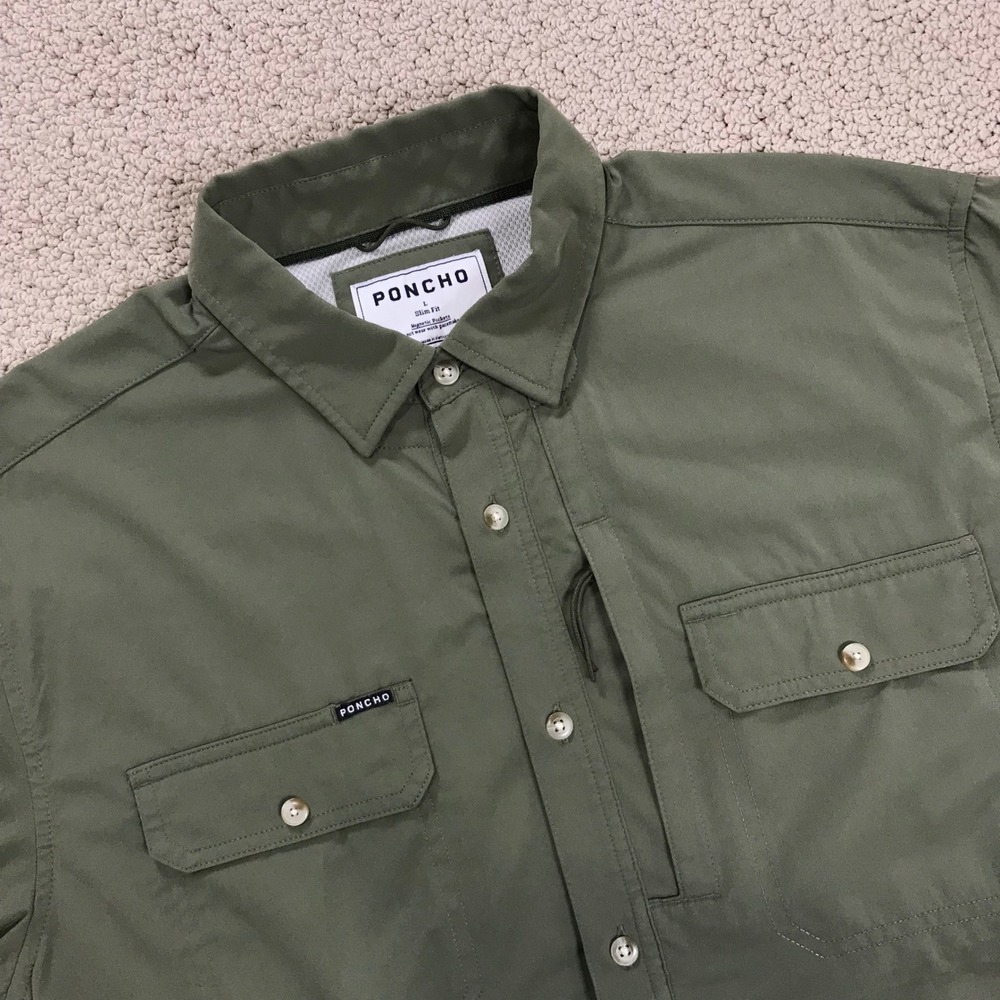 Poncho Outdoors Men's Large Slim Fit Fishing Shirt Olive Green Mag Net
